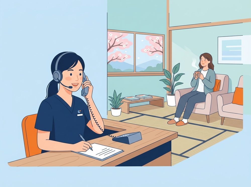保険会社への連絡の進め方を相談する患者とスタッフ
